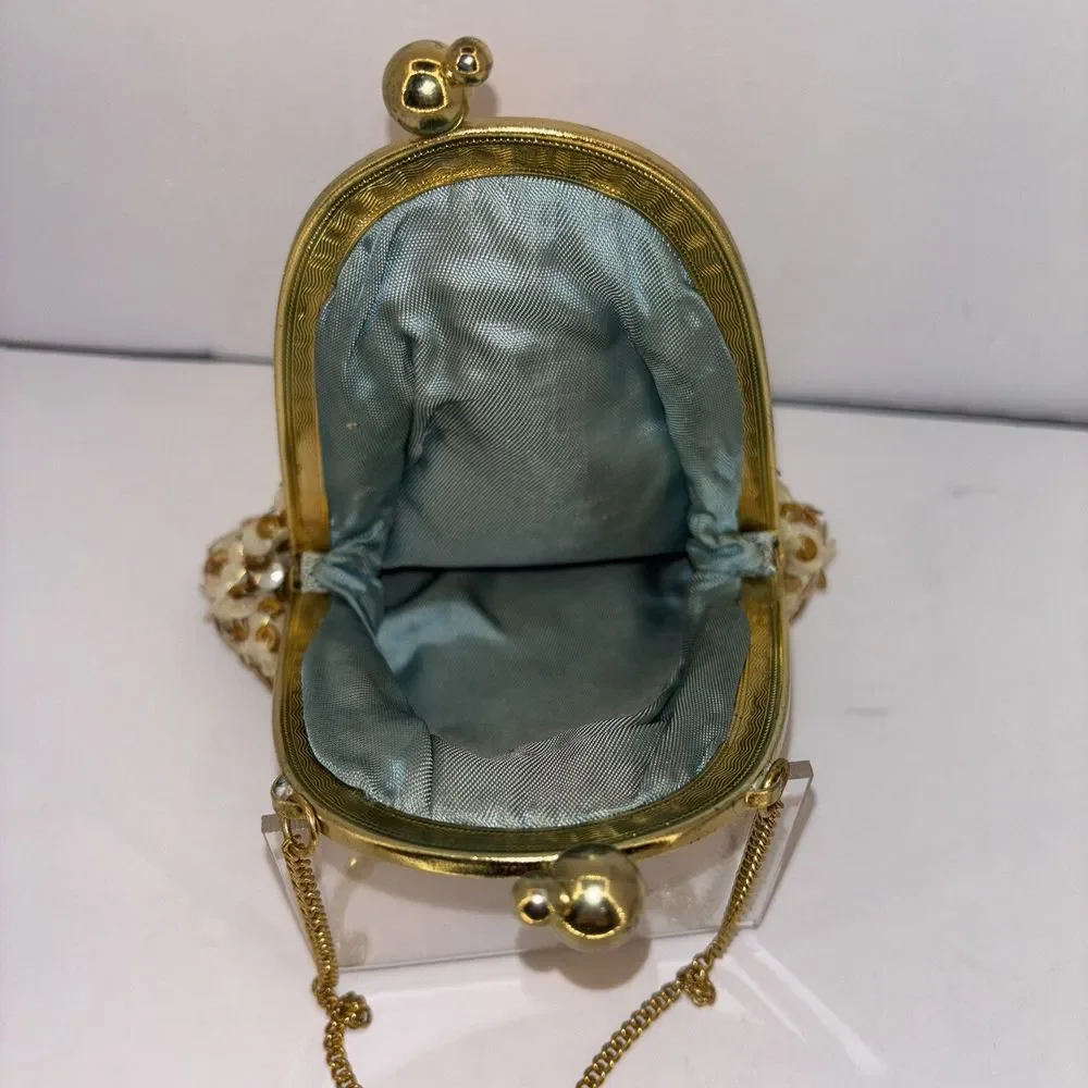 Vintage 1950s Sequin Evening Bag Gold-Iridescent White Metal‎ Frame Purse